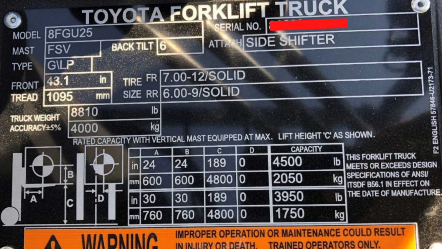 close up of forklift data plate