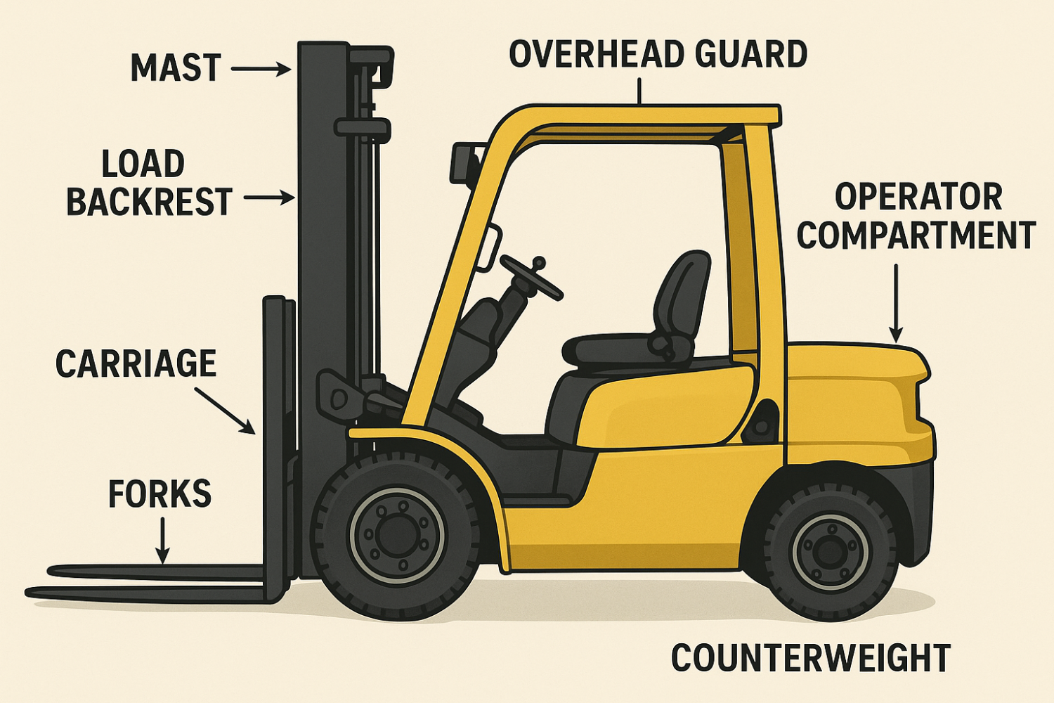 cartoon diagram of a sit-down forklift truck with labeled parts